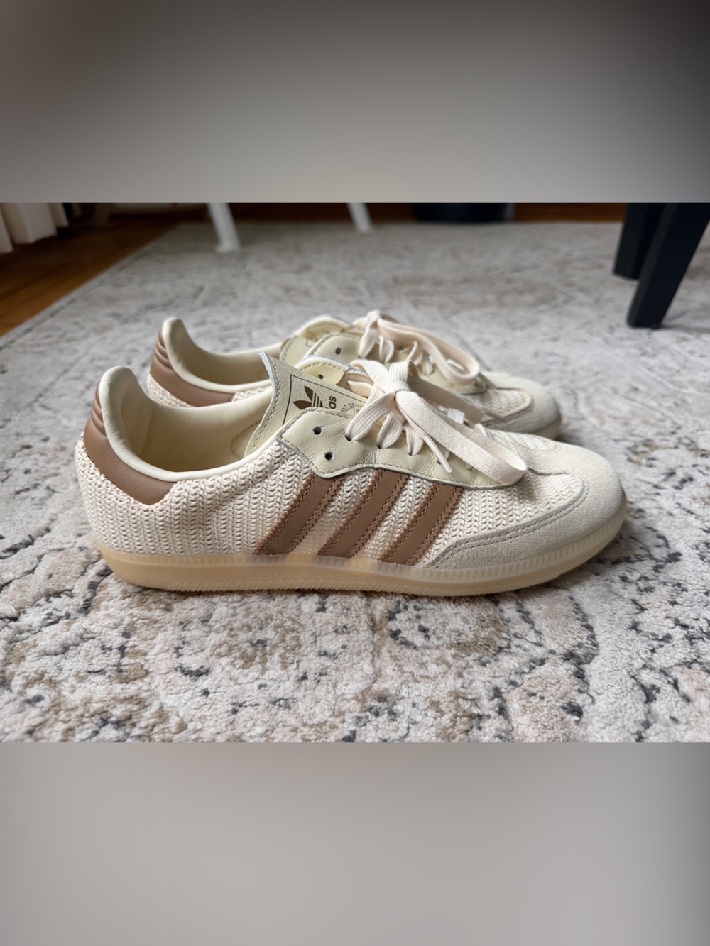 adidas Women’s Cream Knit Sneakers with Tan Stripes